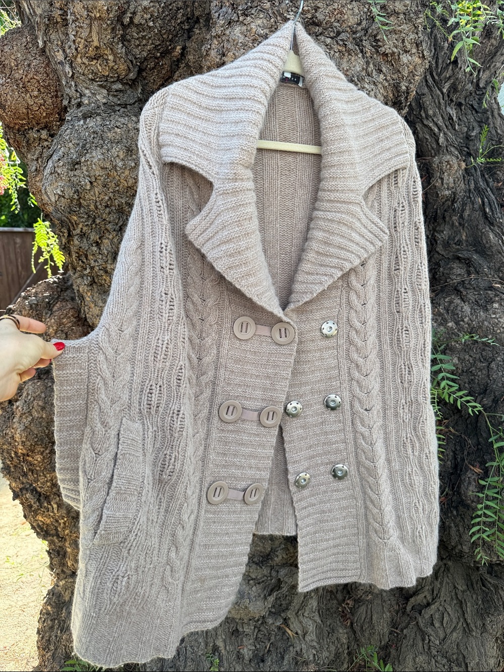 Double-Breasted Cable Knit Shawl Collar Cardigan - Cream
